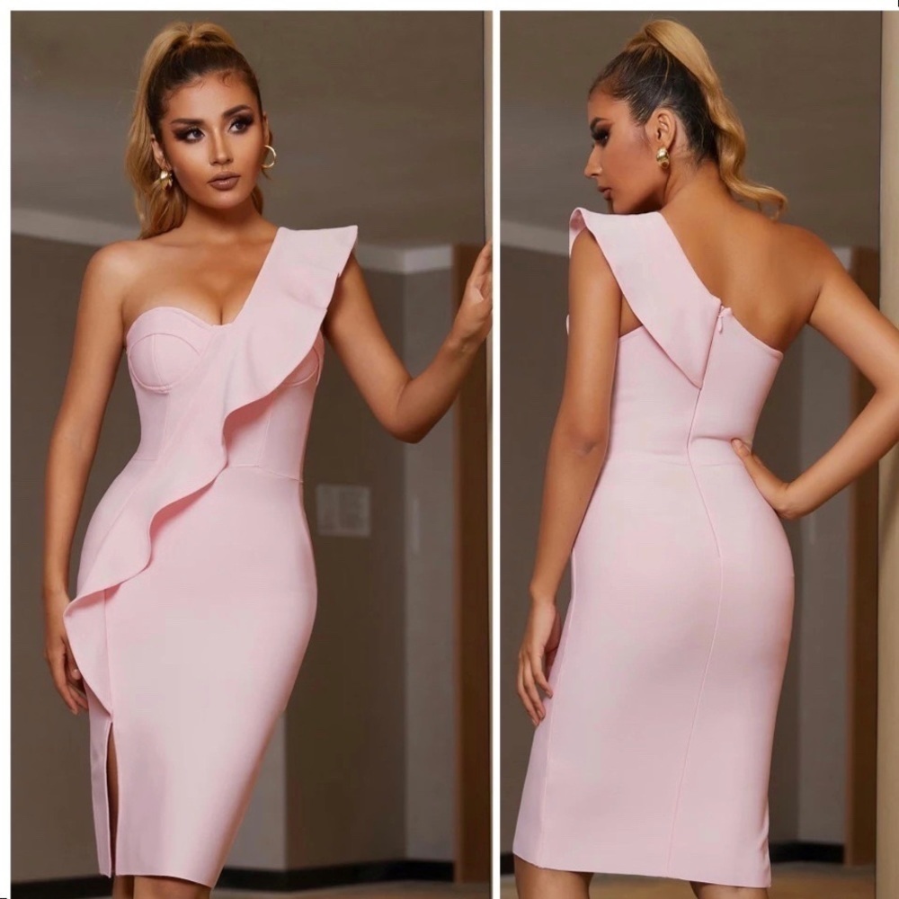 Pink Bodycon Bandage Dress Summer Sexy Strapless Ruffles Club Midi Party size M